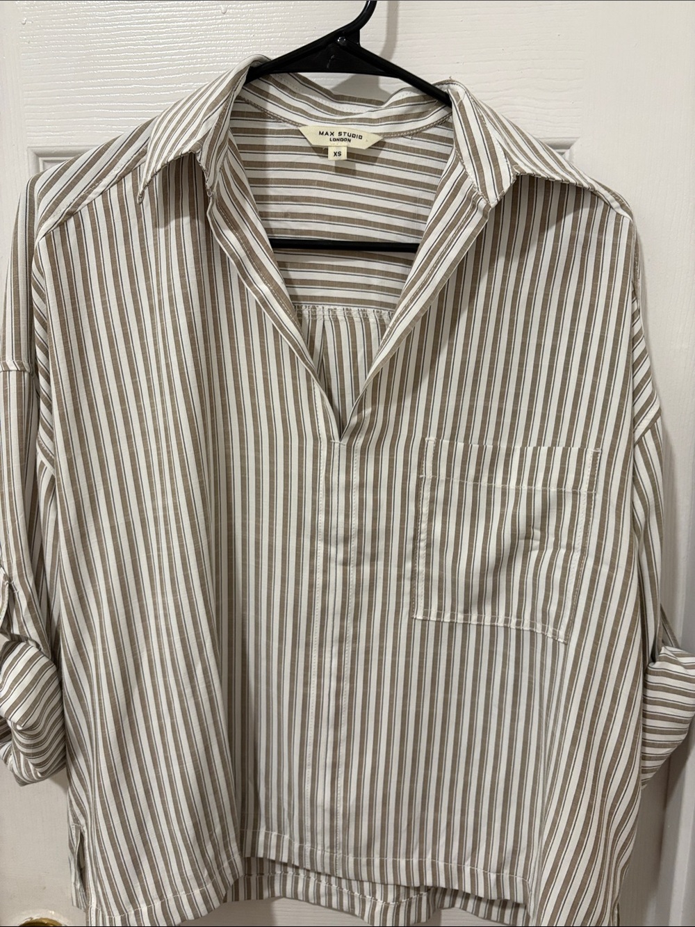 Max Studio Beige and White Striped Men’s Casual Button-Down Shirt